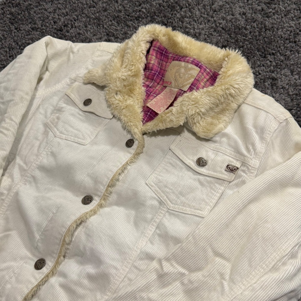 Vintage Roxy Corduroy Trucker Jacket Womens White Excellent Faux Fur Trim XL
